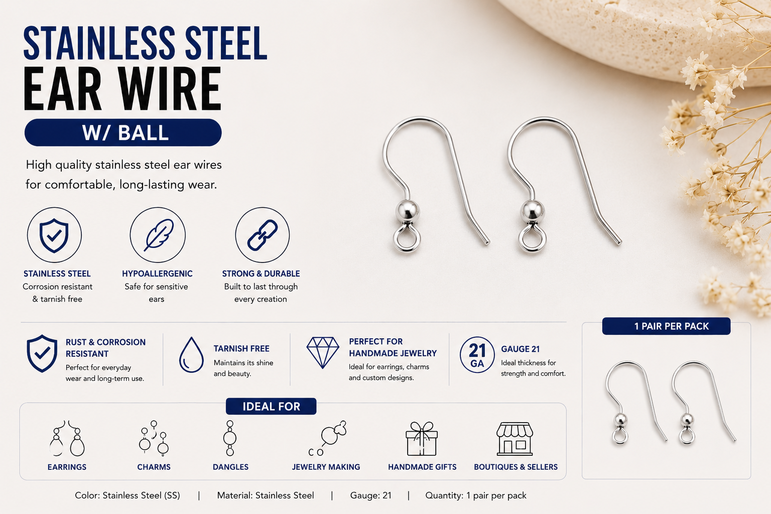 Stainless Steel Ear Wires - Ball