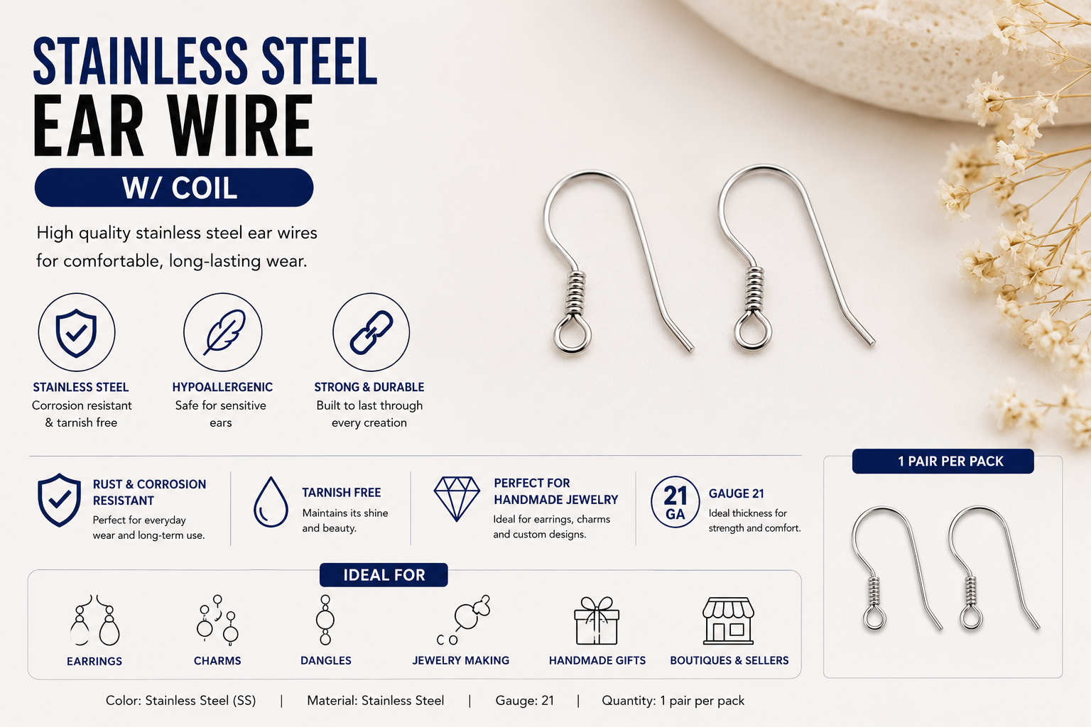 Stainless Steel Ear Wires - Coil