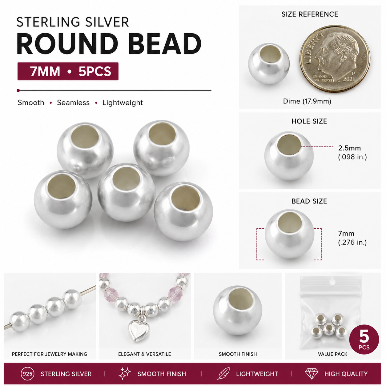 Sterling Silver Round Bead 7mm - 5 pcs