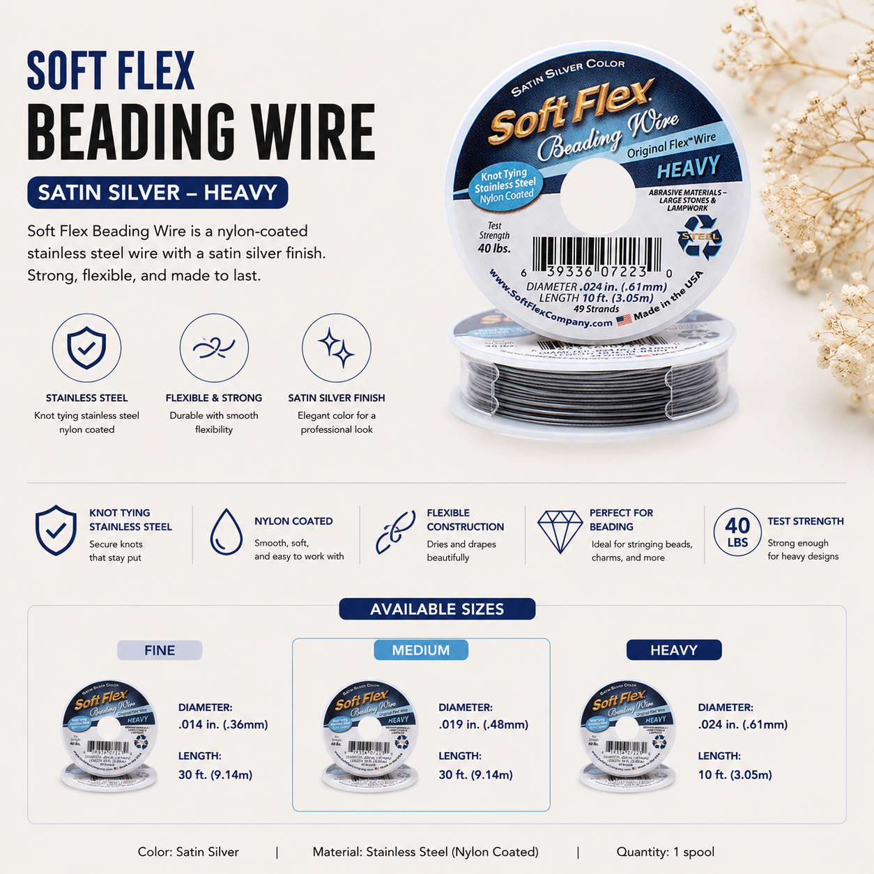 Soft Flex Satin Silver Beading Wire - 10ft
