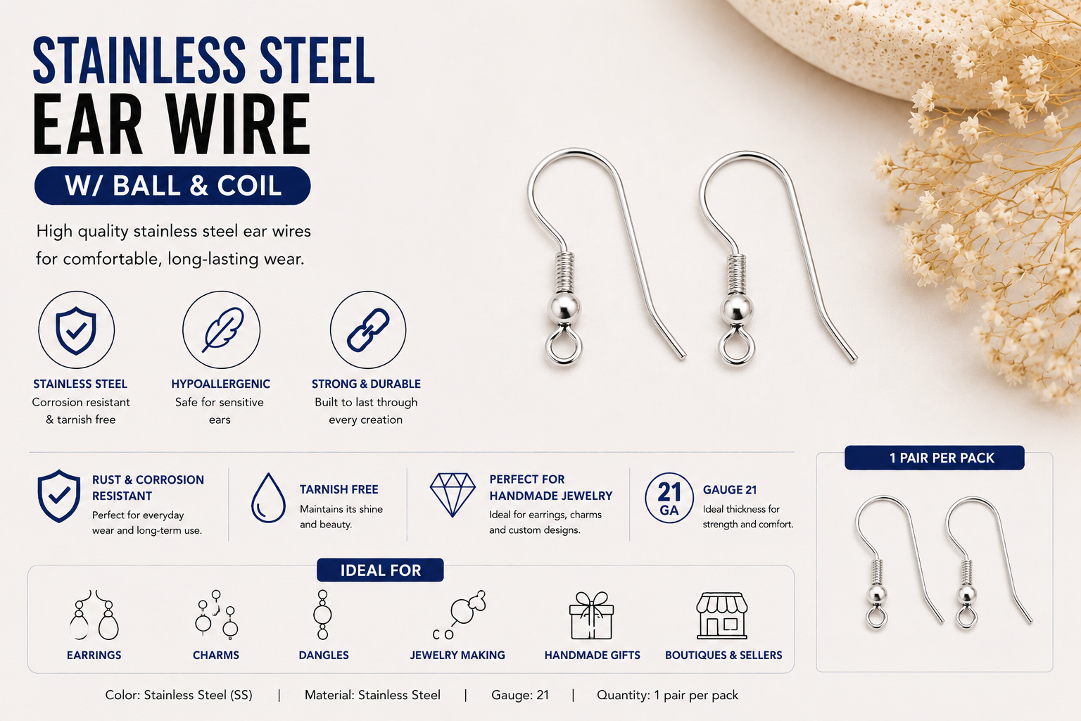 Stainless Steel Ear Wires - Ball & Coil