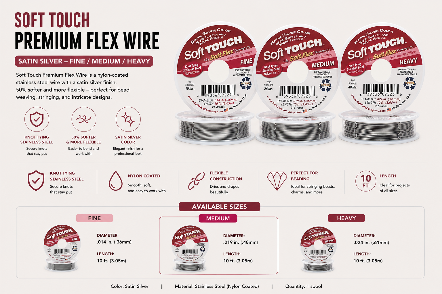 Soft Touch Satin Silver Beading Wire - 10ft