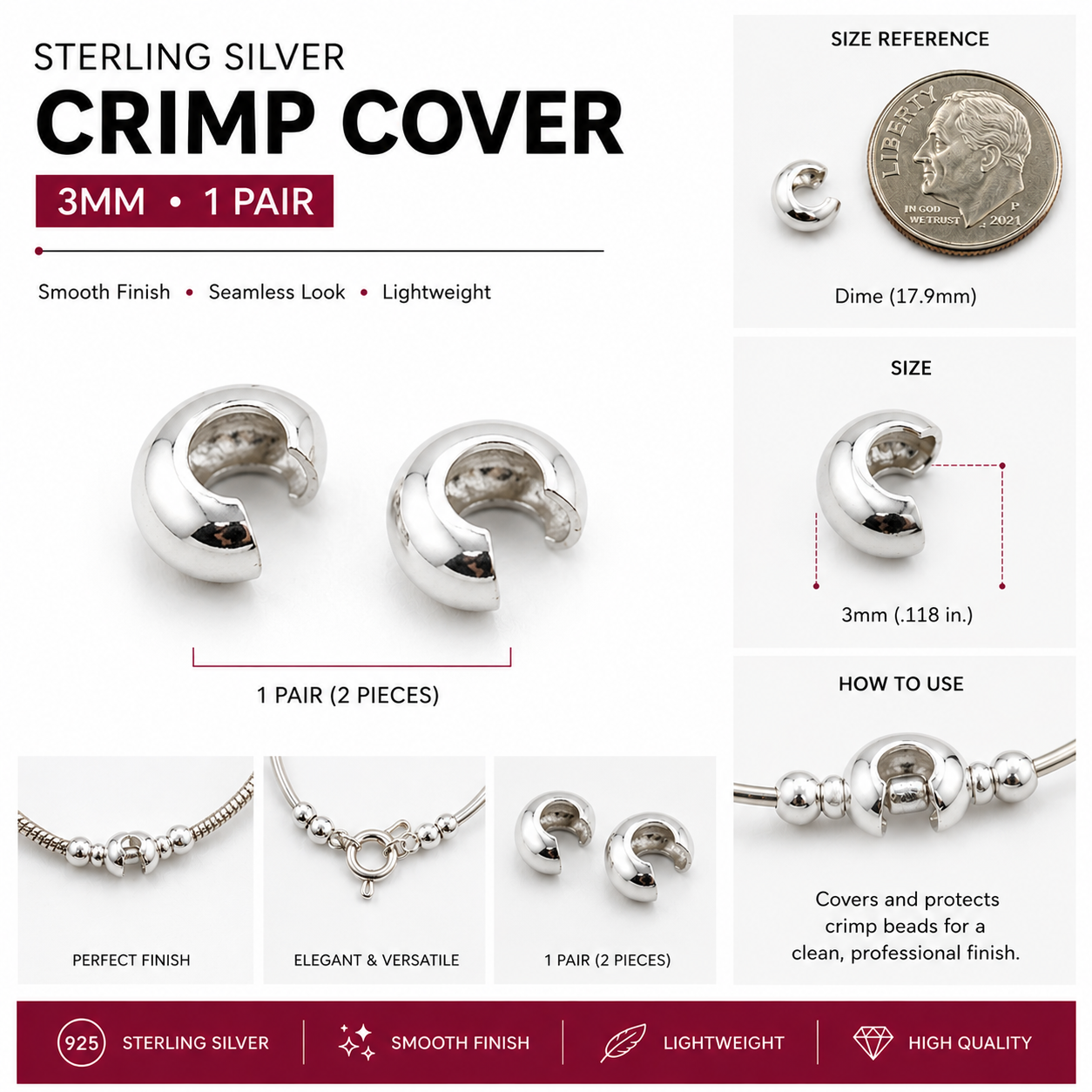 Sterling Silver Crimp Cover 3mm – 1 Pair
