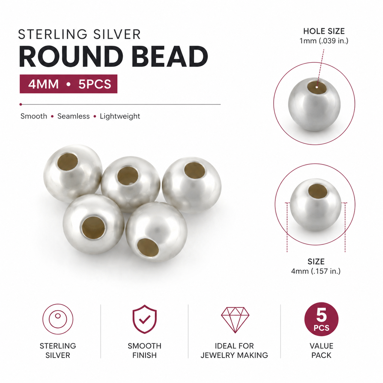 Sterling Silver Round Bead 4mm - 5 pcs