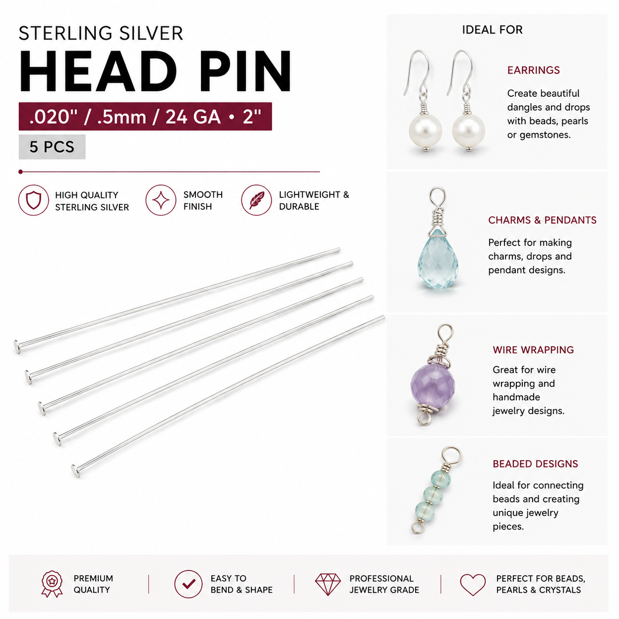 Sterling Silver Head Pin 0.5mm – 5pcs