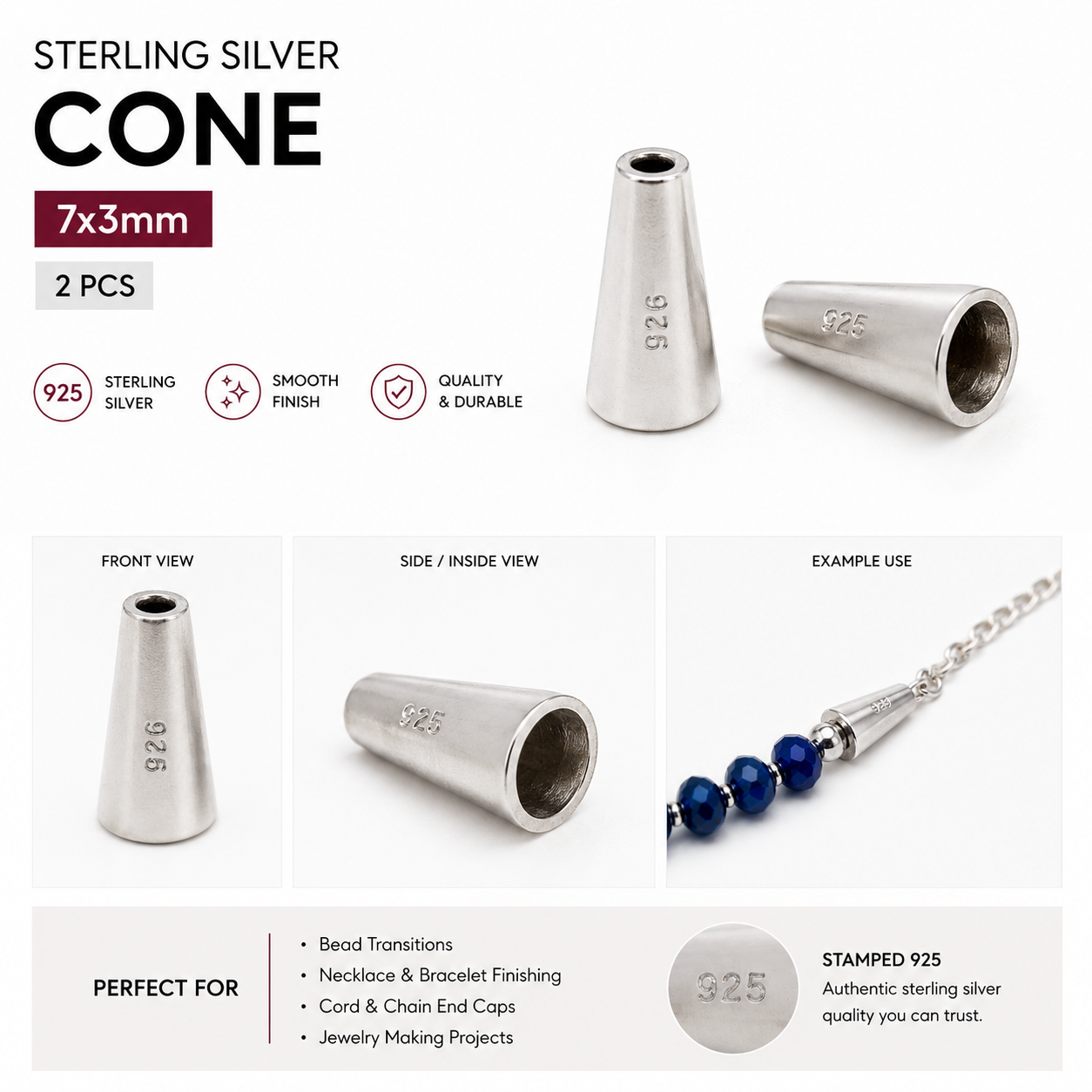 Sterling Silver Cone 7x3mm – 2pcs