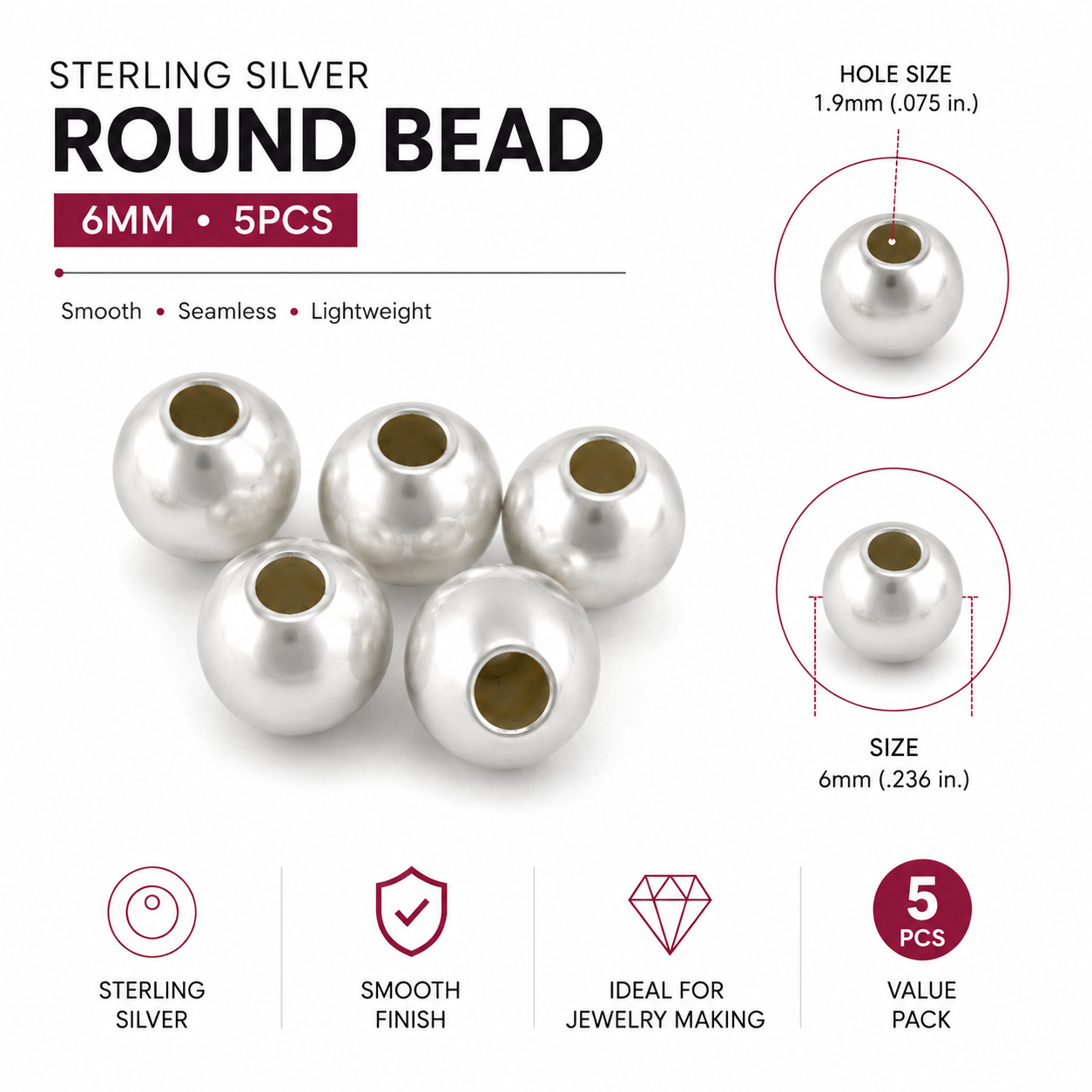 Sterling Silver Round Bead 6mm - 5 pcs